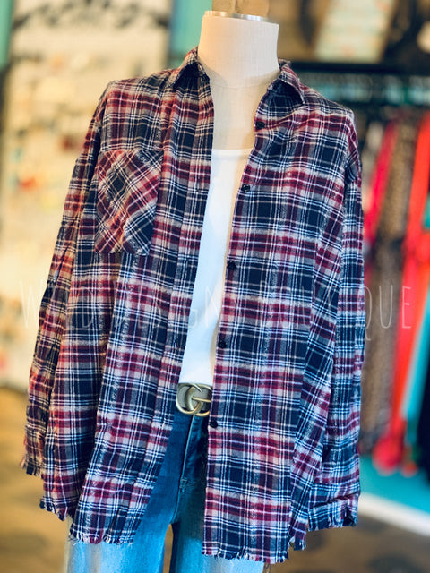 Frayed Plaid Flannel Navy 75% OFF