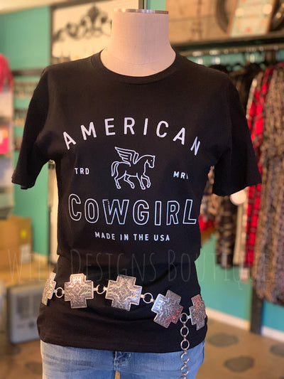 American Cowgirl Graphic Tee on mannequin with belt