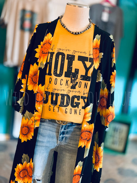 Rock On or Get Gone Mustard Graphic Tee on mannequin with sunflower print duster cover up