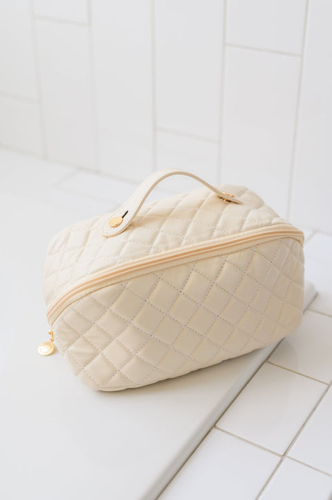 ONLINE ONLY Large Capacity Quilted Makeup Bag in Cream