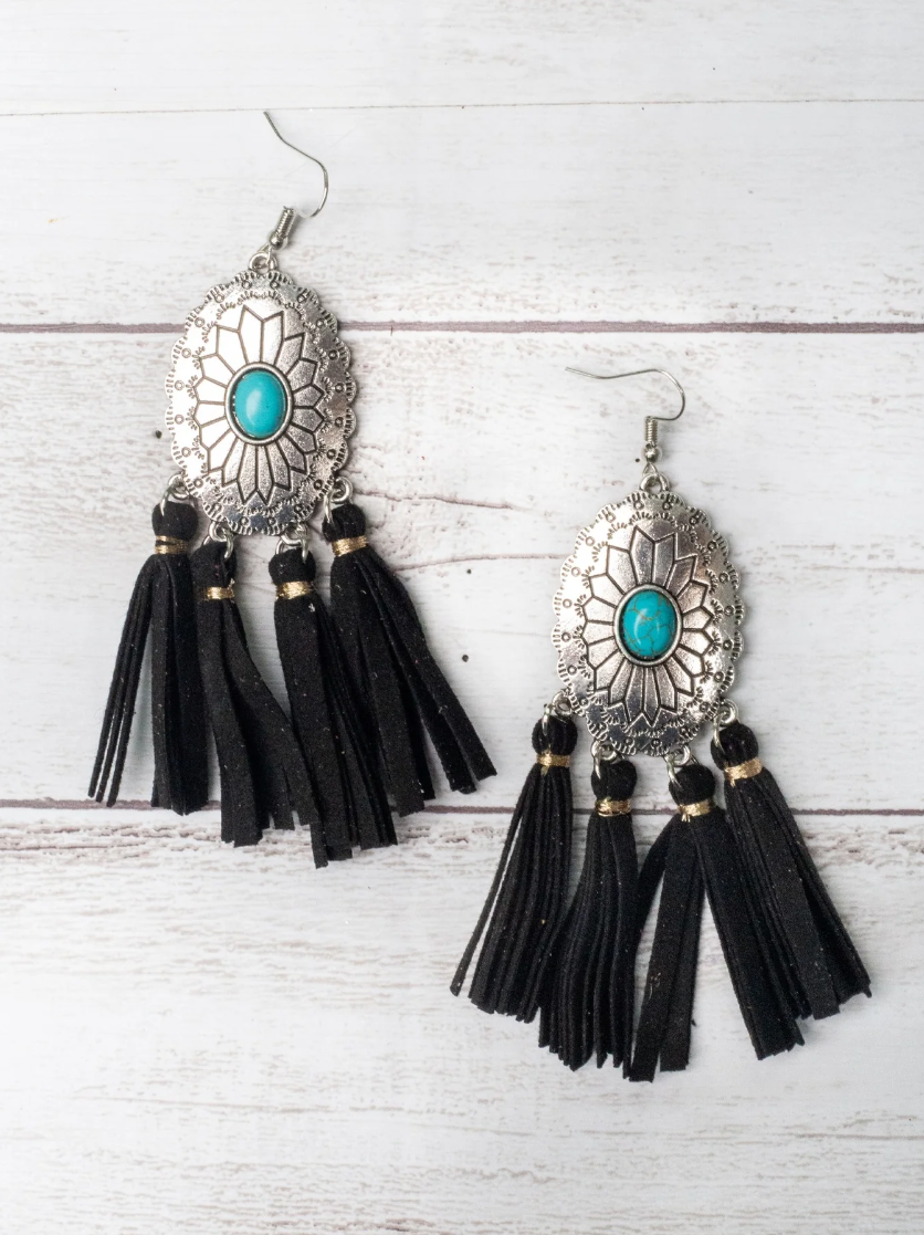 Kick Rocks Cowboy Concho Tassel Earrings Black
