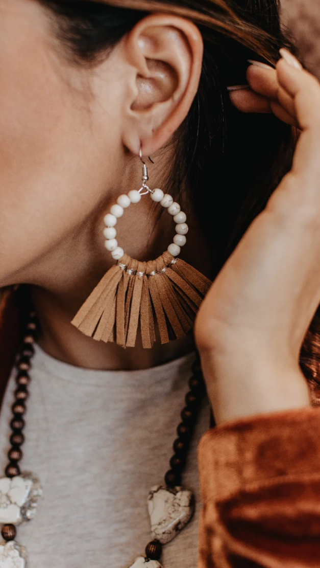 Sassy Class Fringe Hoop Earrings Cream